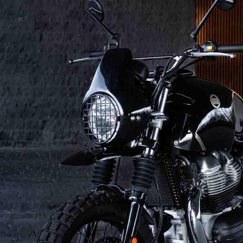 Stylish headlight cowl for Royal Enfield custom bikes. Perfect for scrambler and adventure builds