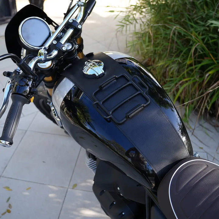 Vintage leather tank strap for Royal Enfield custom scrambler build