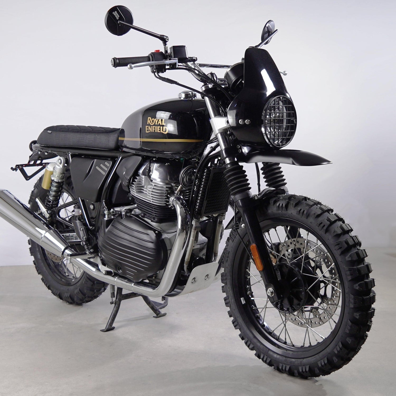 Interceptor 650 scrambler build with headlight cowl and high front mudguard