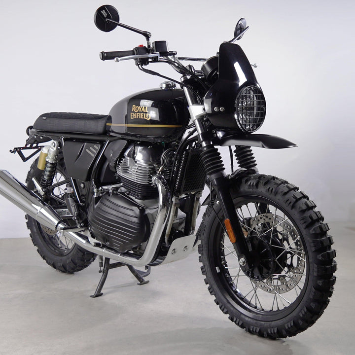 Interceptor 650 scrambler build with headlight cowl and high front mudguard